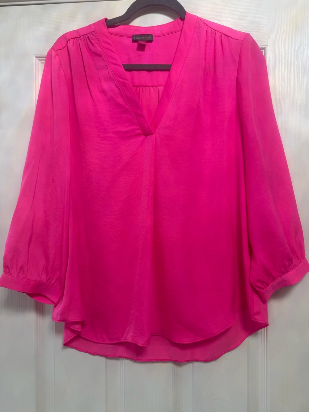 Vince Camuto Rumple Satin Split V-Neck Blouse Fuchsia Pink L